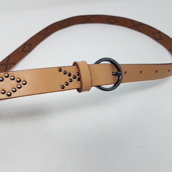 Lucky Brand Women Diamond and X Pattern Studded Leather Belt New Beige Medium - Picture 4 of 6
